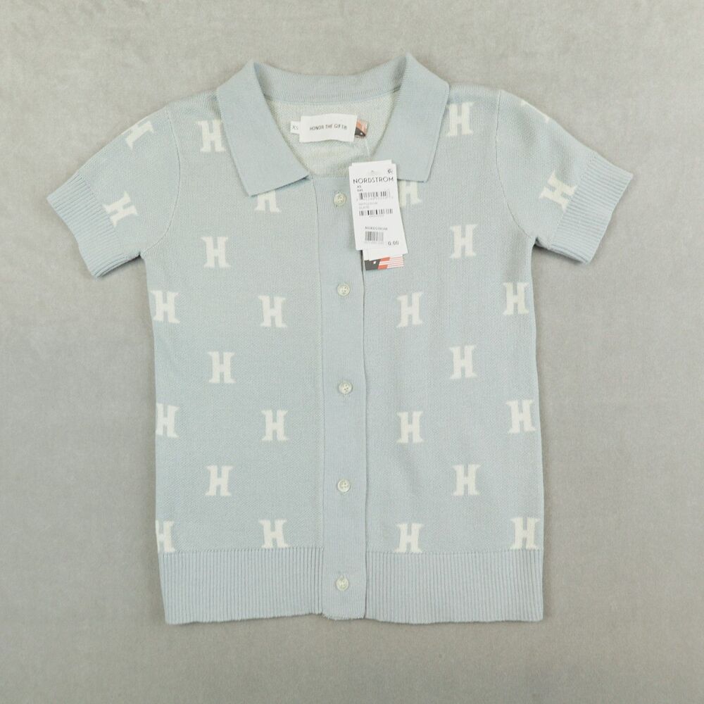NWT Honor the Gift Short Sweater Monogram Polo Slate Womens Size XS Button Front